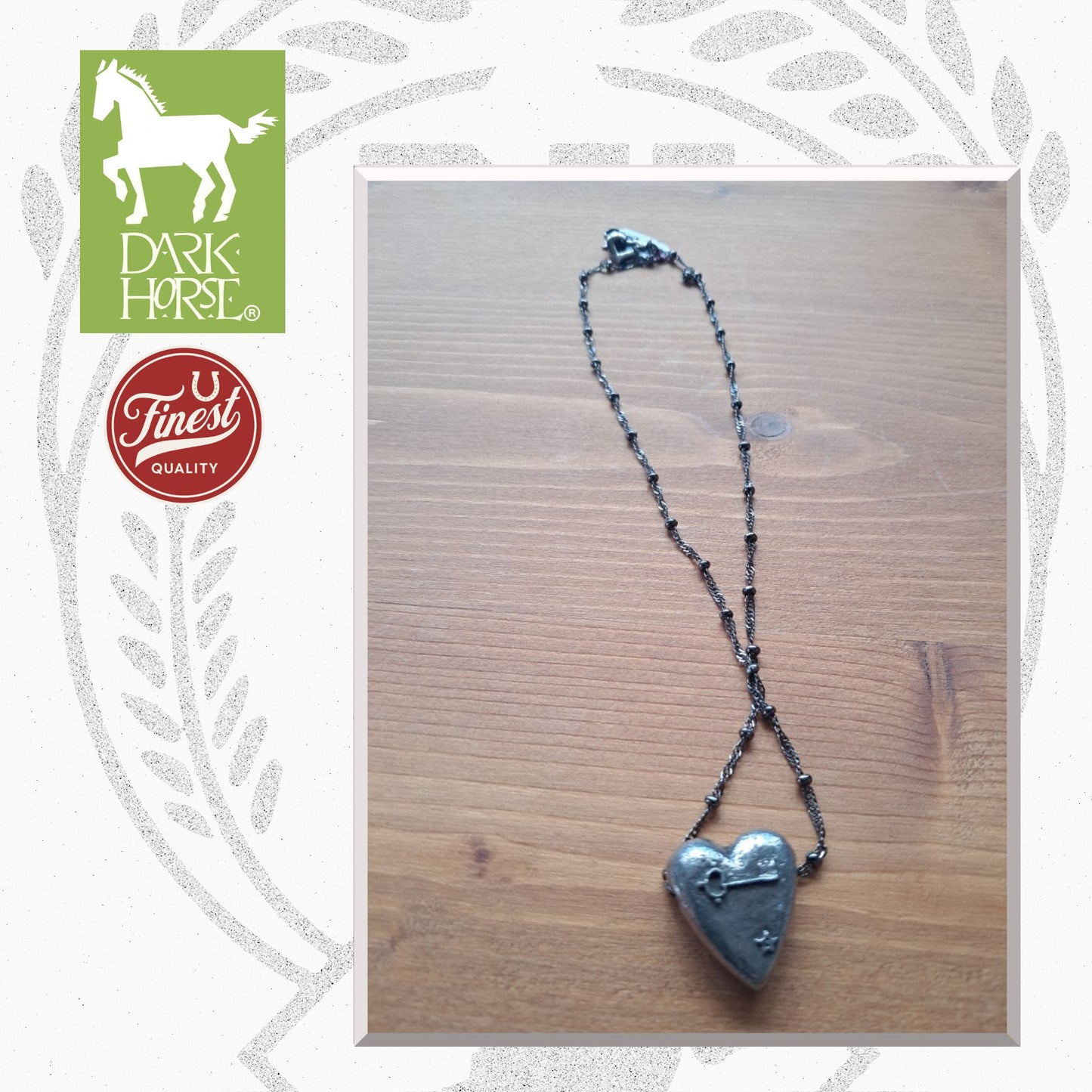 Dark Horse Key Heart with Black Chain & Heart Clasp Pewter Necklace