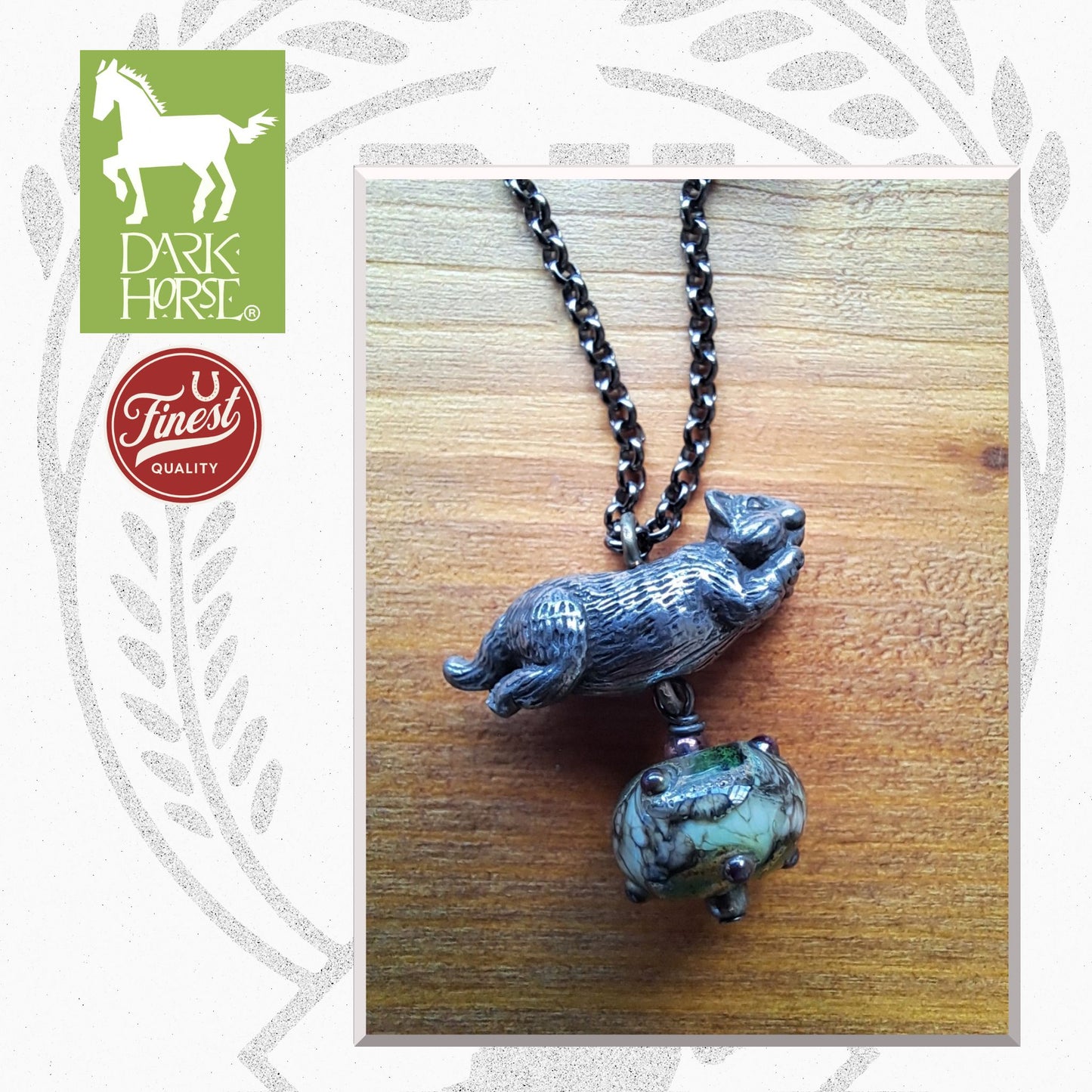 Dark Horse Jumping Cat with Star Key & Heart Clasp Pewter Necklace