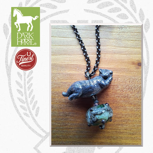 Dark Horse Jumping Cat with Star Key & Heart Clasp Pewter Necklace