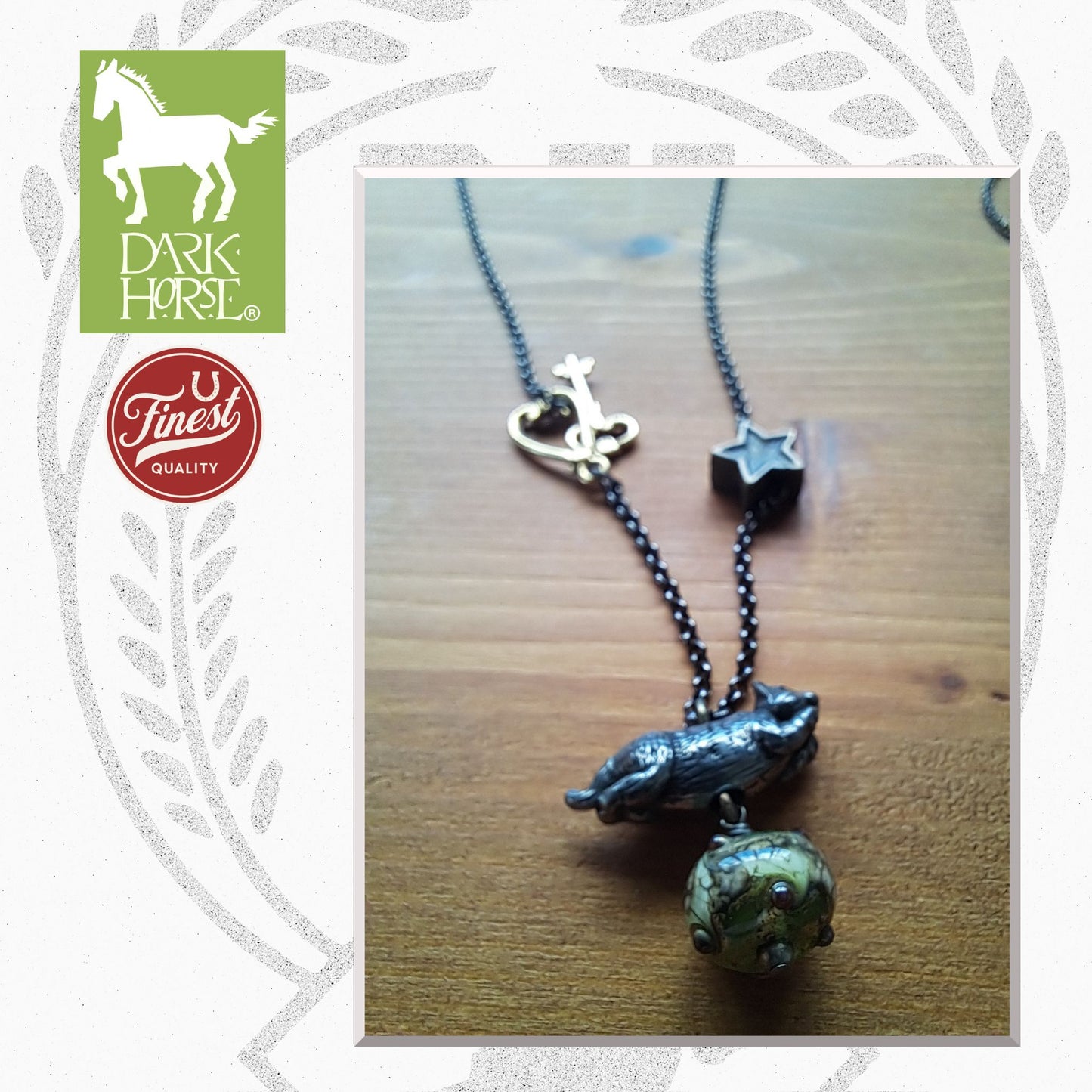 Dark Horse Jumping Cat with Star Key & Heart Clasp Pewter Necklace