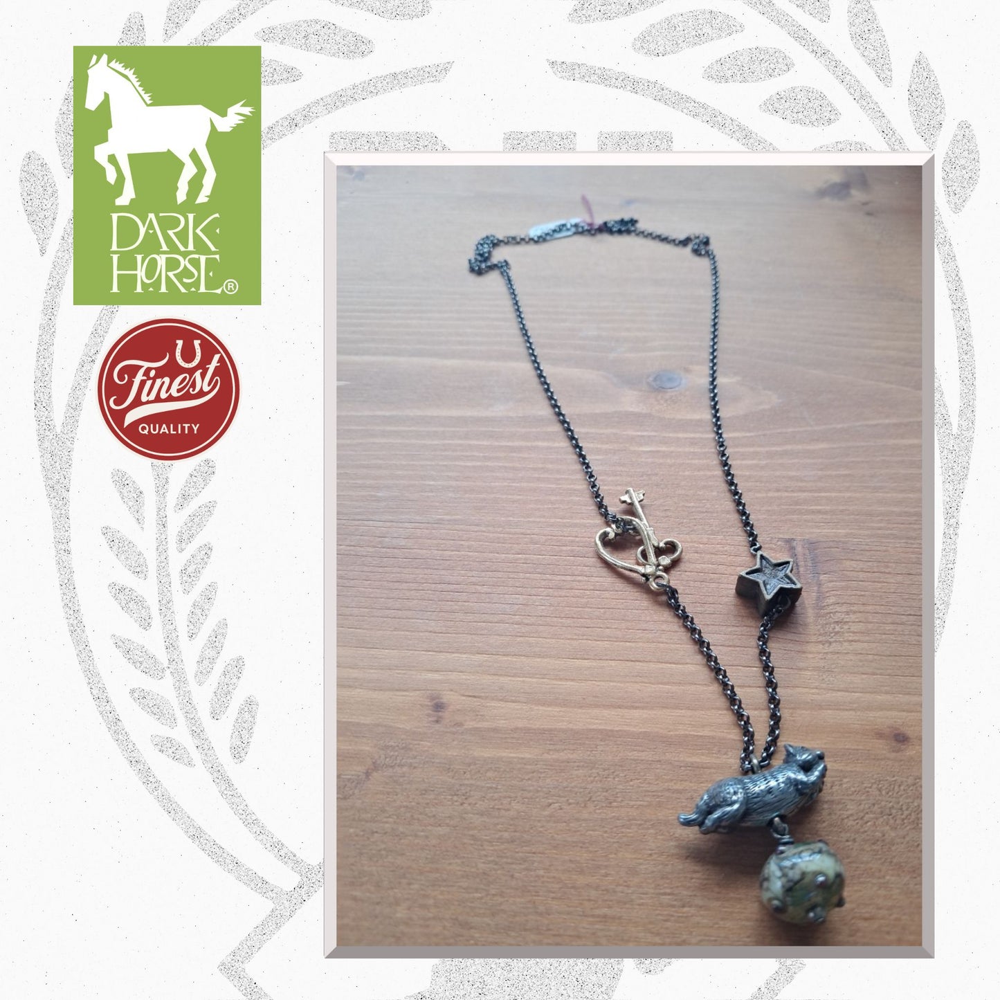 Dark Horse Jumping Cat with Star Key & Heart Clasp Pewter Necklace