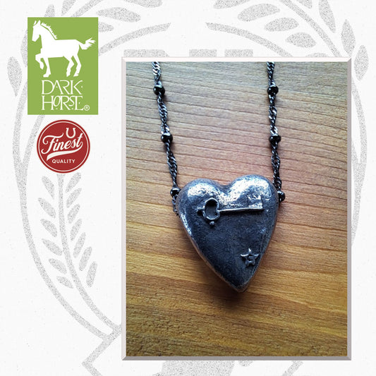 Dark Horse Key Heart with Black Chain & Heart Clasp Pewter Necklace